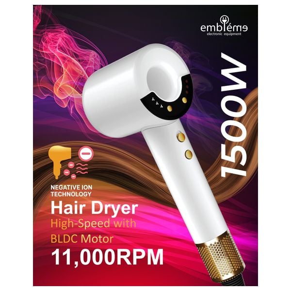 [EM HDBW25] High-Speed BLDC Hair Dryer - 1500W - White and Gold