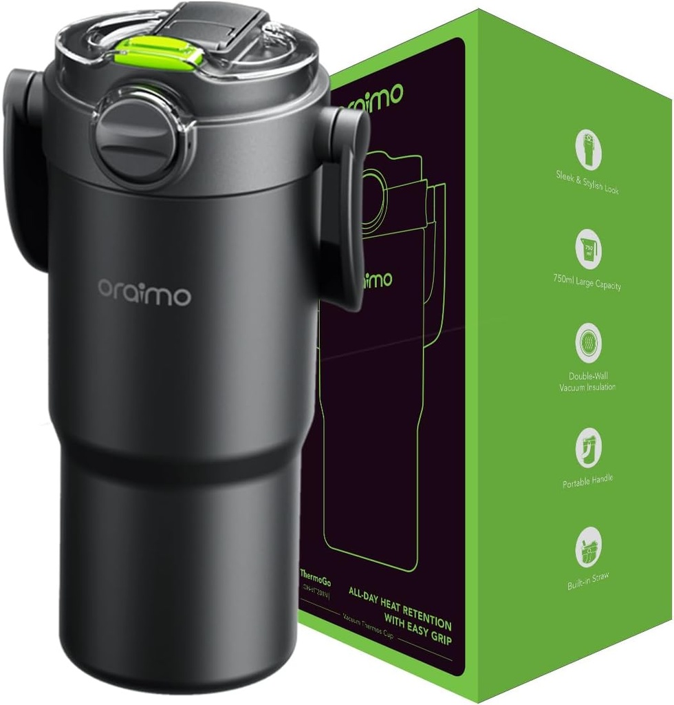 [OH-VIT201N(BLACK)] 750ML Stainless Steel Water Bottle,18/8 Stainless Steel 316 Double-Wall Vacuum InsulationThermos Bottle,24H for Hot & Cold Drinks