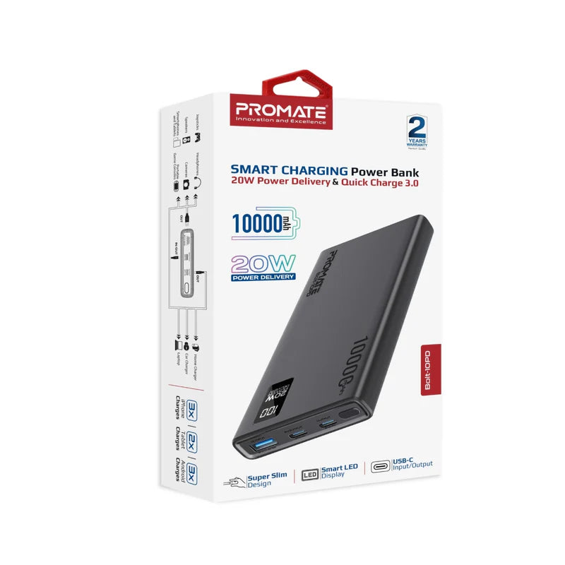 [Bolt-10PD.Black] Bolt-10PD Compact Smart Charging Power Bank 10,000 mAh with 20W PD Dual USB-C and 22.5W USB-A Ports (Black)