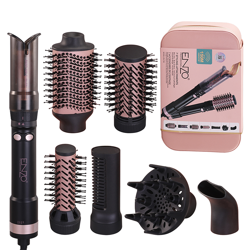 [EN-760] New Design 7 in 1 Hot Air Comb Leather Case Box Curling Drying Straightening Hair Dryer Brush Set Multi Head Styler