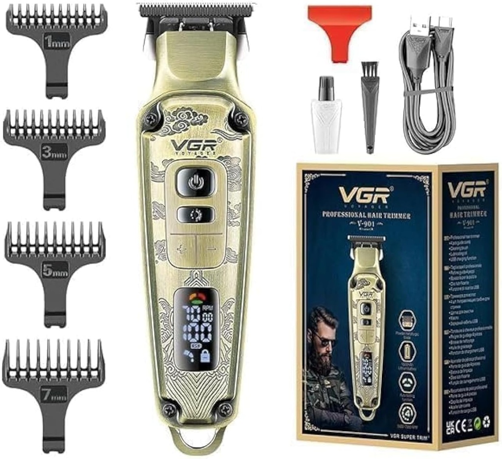 [V-901] VGR Premium Metal Body Hair Clipper, LED Display, Metal Blade, Adjustable Taper Lever, 4 Guide Combs, 240 Minutes Runtime, V-901